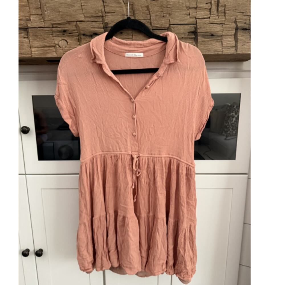 BeCool Collared Gauze Babydoll Dress Tiered Ruffle Peachy Pink Size L